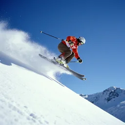 a 2 8 mm macro kodachrome photo of a man skiing airborne off a ski jump with snow bursting behind him in the swiss alps in the 1 9 5 0's, seen from a distance, bokeh, canon 5 0 mm, cinematic lighting, film, photography, golden hour, depth of field, award - winning