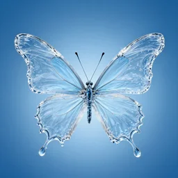 photo of a butterfly made of!!!!! water with wings made of a splash of water water splash wings!!!!! water wings splash in shape of wings transparent wings blue gradient background, 8 k 8 5 mm f 1. 4, studio lighting