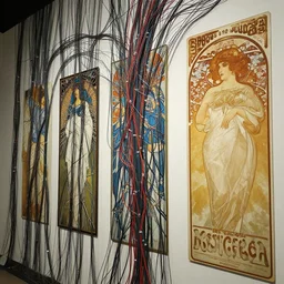a wall crowded with wires and neural networks, sci - fi, ai, 4 k realistic, artem demura. courbet. alphonse mucha. wires!