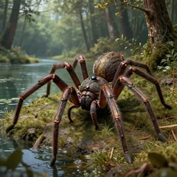a giant spider crawling through a forest next to a lake, by michael komarck and john howe, lovecraftian, finely detailed, small details, extra detail, photorealistic, high resolution, vray, hdr, hyper detailed, insane details, intricate, elite, ornate, elegant, luxury, dramatic lighting, octane render, weta digital, micro details, 3 d sculpture