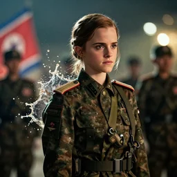 emma watson in korean people's army, north korea, splash art, movie still, cinematic lighting, dramatic, octane render, long lens, shallow depth of field, bokeh, anamorphic lens flare, 8 k, hyper detailed, 3 5 mm film grain