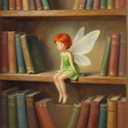 a painting of a tiny fairy flying sitting on a bookshelf, ((((library interior)))), red hair, green dress, concept art by artgerm, alex ross, ruan jia, behance contest winner, vanitas, official art, poster art, concept art