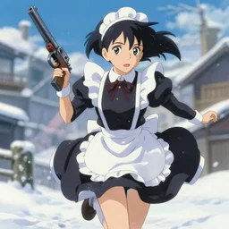 portrait of anime maid maid dress with gun in hands running winter by greg rutkowski, key visual, kyoto animation, makoto shinkai, studio ghibli pixiv, sharp, detailed, high quality, award winning trending on artstation super detailed face sparkling eyes fingers