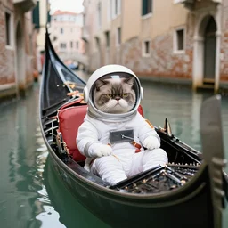 grumpy cat in spacesuit sitting in gondola in venice