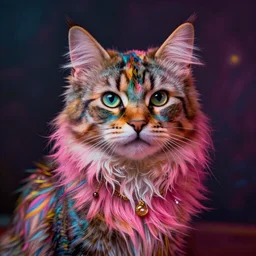 colorful and festive cat with pink hair,. rich vivid colors, ambient lighting, dynamic lighting, 4 k, atmospheric lighting, painted, intricate, highly detailed by charlie bowater