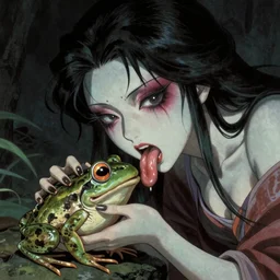 scary godlike fairy in the anime style of Junji Ito , eating a frog violently , petite , upper body , epic , traditional makeup , gorgeous features , Post-processing , Greg rutkowski legendary matte painting , masterpiece