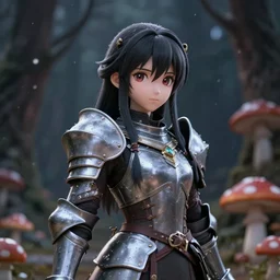 portrait focus of knight beautiful 3D anime girl, mushrooms armor wearing, dark forest background, snowing, bokeh, inspired by Masami Kurumada, digital painting, high contrast, unreal engine render, volumetric lighting, high détail