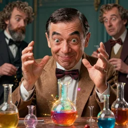 mr. bean mad scientist psychopath making extremely silly faces, conjuring up mysterious colorful potions, glows, 3 point lighting, portrait by gaston bussierre and charles vess and james jean and erik jones and rhads, inspired by ren and stimpy epic, funny, beautiful fine face features, intricate high details, sharp, ultradetailed