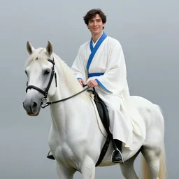 full body portrait, cillian murphy mage, handsome, white robes with blue trims, riding a white horse, smiling, abstract stars and night background, ornate alphonse mucha, rhads, ross tran, artstation, artgerm, octane render, 1 6 k