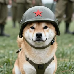 An archival photo of a shiba inu wearing a soldier's helmet in the Vietnam War, 1970s