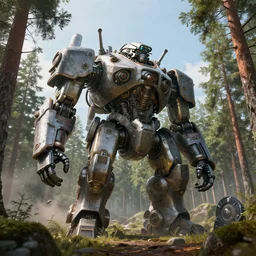 steampunk huge mech fortress travels across a swedish forest very low angle photograph trending on artstation