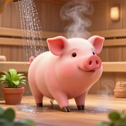 cute pink pig walking like a human, behind a pot with a plant and shower in a sauna, hot steam of water, wooden cabin background, popular on artstation, unreal engine, pixar! style nvidia graphics,.