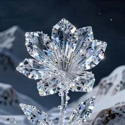 portait of a crystal flower, octane render uhd, filmic lighting, cinematic art shot, hyperrealistic, hyperdetailed, super detailed, 8 k, high resolution, 8 k uhd, mega high white mountain, midnight