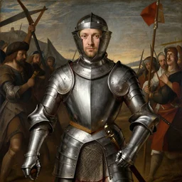 alex tanner! as joan of arc in armor, after a battle. renaissance painting
