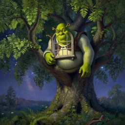 shrek shrek shrek a giant big tall tree lush with leaves and branches, and shrek, with a big window up in the canopy, someone is inside the window looking out to the milky way. highly detailed painting by gaston bussiere, greg rutkowski 8 k