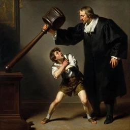 a dramatic oil painting of a little man trembling with fear in the shadow of a massive judge hammer above him, highly detailed, dramatic lighting, romanticism, rococo, neoclassicism, 1 8 5 0 s style painting, oil on canvas, vivid
