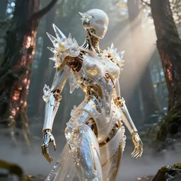 white pearlescent, chrome, iridescent titanium, crystal, liquid gold, copper, bronze hybrid biomechanical architecture, by h. r. giger, cinematic forest lighting, crystalline masterpiece incrustations, hyperdetailed metalwork, in volumetric soft glowing mist, elegant pose, movie still, octane render, unreal engine, crepuscular rays,