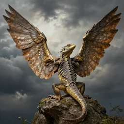 gila lizard portrait, hudson river school, large wings, nat geo, creature, storm clouds, d & d, fantasy, greg rutkowski, alphonse mucha, high quality, realistic, elegant