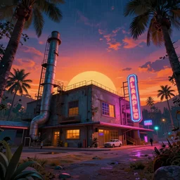 industrial architecture by alvar aalto, desert fisheye magic realism vaporwave neon signs cyberpunk myst retro at winter crystal cgsociety thermal vision universe sunset rainforest vice city reclaimed by nature forest nightsky, archdaily, wallpaper, highly detailed, trending on artstation.