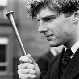 stunning bw film photograph of ( ( ( ( benedict cumberland holding a plumbus ) ) ) ), closeup, aperture 1. 2