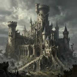 A highly detailed 4K fantasy matte painting of a A huge, rambling, quite scary-looking castle, with a jumble of towers and battlements, zdzislaw beksinski, ArtStation, CGSociety, Unreal Engine