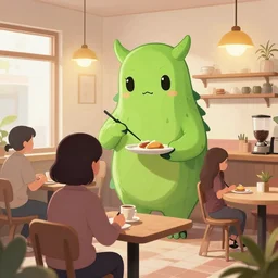 Cthulhu serving customers in a cute cafe