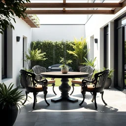 a modern terrace, garden, clean architecture, deep baroque chairs and a dark brown epoxy wooden baroque round table, some fresh plants, daylight, peaceful, 8 k octane render