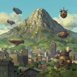 mountain by craig mullins, downtown in a studio ghibli aesthetic, illustrative art of various small steampunk airships flying around the city by mattias adolfsson, rendered in octane, cinematic, highly detailed