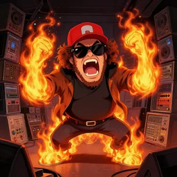 character art by mike winkelmann, jack black screaming wearing wayfarer glasses and red baseball hat at a music concert, on fire, fire powers, room filled with computer equipment