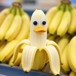 banana duck at Walmart, peeled banana with googly eyes and duck beak, goofy banana duck hybrid spotted at Walmart. ISO 300, depth of field