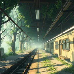 a wholesome animation key shot of a post apocalyptic subway station, covered by nature hipster vibes by studio ghibli, animation, sharp, rendered in unreal engine 5, focused, anime key art by greg rutkowski, bloom, dramatic lighting