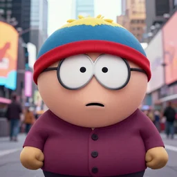 a closeup photorealistic photograph of cartman from south park in times square new york. bright scene. fine detail. this 4 k hd image is trending on artstation, featured on behance, well - rendered, extra crisp, features intricate detail, epic composition and the style of unreal engine.