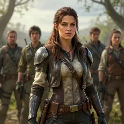 fallout 5, charismatic beautiful rugged brunette female protagonist, portrait, outdoors, atmospheric lighting, painted, intricate, volumetric lighting, spring, daytime, sunny weather, slight overcast, sharp focus, deep colours, ultra detailed, by leesha hannigan, ross tran, thierry doizon, kai carpenter, ignacio fernandez rios