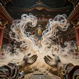 feedback loop , burst of powders ,detailed entangled fibres ,volumetric lighting, twisting vapour, bellowing dust ,flowing shimmering fabrics, emerging hands and an ancient male bearded face , inside a huge traditional Japanese Royal ornate temple , full colour , upscale , 4k
