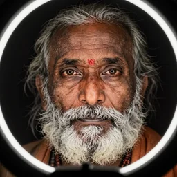 a close up face photography of an old Indian sadhu with a beard by maarten schröder and tom bagshaw, studio photography, catchlight in the eyes, melancholic, 70mm lens, dark background, ring lighting, vignette, very detailed, shallow depth of field, trending on 500px, 8K, highly coherent