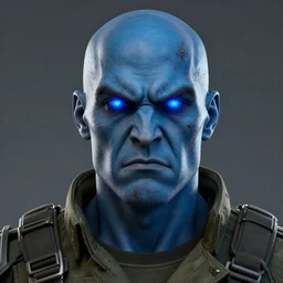 headshot of an angry soldier with glowing blue eyes, a bald head and blue skin with many scars, rogue trooper, cyberpunk dark fantasy art, gta 5 cover, official fanart behance hd artstation by jesper ejsing, by rhads, makoto shinkai and lois van baarle, ilya kuvshinov, ossdraws