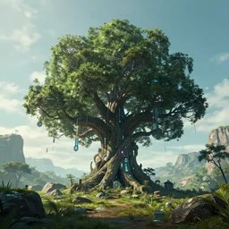 a beautiful landscape with an ancient cyberpunk tree in the middle
