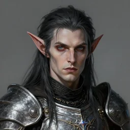 head and shoulders portrait of an eldrich knight, drow, dark elf, shadar kai, breastplate, magical, male, high fantasy, d & d, by magali villeneuve, face details, extremely detailed, digital illustration