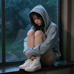 sadie sink in hoodie sits on windowsill, knees tucked in | rain falls at night : b & w storyboard drawing, scifi cyberpunk. by gabriel hardman, joe alves, chris bonura. cinematic atmosphere, detailed and intricate, perfect anatomy