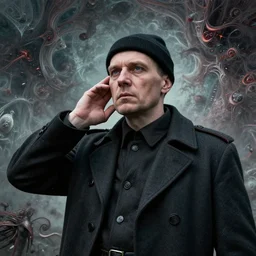 Portrait of Igor Ivanovich Strelkov while he is calling for war mobilization, photo-realistic, fullcolor, 2K, highly detailed, bodyhorror by H.R.Giger, tends to have fractal structure