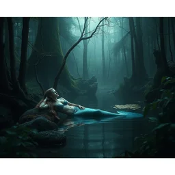 detailed cinematic moody colors studio a mermaid resting near a pond a dense forest, high quality by jeremy mann, only one head single portrait