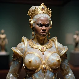 intricate slightly iridescent and tanslucent hyperrealistic onyx and gold bust of futuristic obese beautiful cybernetic black girl angry empress, museum lighting, 3 5 mm film photograph
