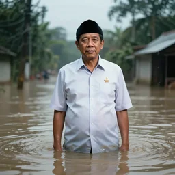 a portrait of joko widodo standing in a flood, cinematic lighting