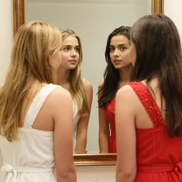 two sisters look into the mirror, one blonde and one brunette, white and red dresses, Chuck close
