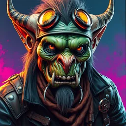 an apocalyptic scifi orcish goblin biker character, professional photo, psychedelic vibrant colors, futuristic punk rock fashion, highly detailed oil painting by michael whelan art, perfect face, sharp focus, detailed eyes, realistic, leather jacket, 8 k, dynamic lighting, artstation, unreal engine 5, michael whelan