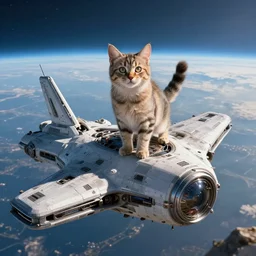 kitten standing on crashed sci-fi spaceship on Earth in future, cinematic lighting, concept art, trending on Artstation, trending on DeviantArt, highly detailed, high quality, 8K HDR, octane render, unreal engine 5, breathtaking landscape, highly detailed, high quality, post processed
