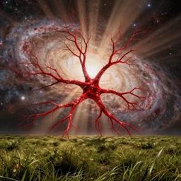 a bloody red neurological network spanning across the galaxy, cinematic view, epic sky, detailed, concept art, low angle, high detail, warm lighting, volumetric, godrays, vivid, beautiful, trending on artstation, by jordan grimmer, huge scene, grass, art greg rutkowski