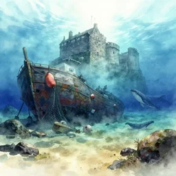 incredible wide screenshot, ultrawide, simple watercolor, rough paper texture, ghost in the shell movie scene, underwater edinburgh castle, backlit shot, underwater, boat wreck, bouys, fishing net, fish shoal, reef, boulders, whales, bright sun bleached ground, fog, dust, windy, pencil marks, shinjuku, koji morimoto, katsuya terada, masamune shirow, tatsuyuki tanaka hd, 4 k, remaster, dynamic camera angle, deep 3 point perspective, fish eye, dynamic lighting