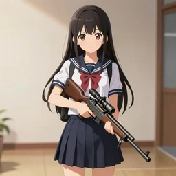 anime, full body, cute, female, a cute girl wearing a school uniform and holding a sniper rifle, gorgeous lighting, highly detailed, digital painting, art station, sharp focus, high quality, frontal view, illustration, concept art, advanced digital anime art, white background