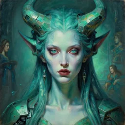 A beautiful cinematic closeup portrait of the colossal gothic cyberpunk blockchain demon goddess, by Wayne Barlowe, by Sandro Botticelli, by Paul Lehr, by Bruce Pennington, oil on canvas, masterpiece, trending on artstation, featured on pixiv, cinematic composition, beautiful lighting, sharp, details, details, hyper-detailed, no frames, cyan and green, 8K